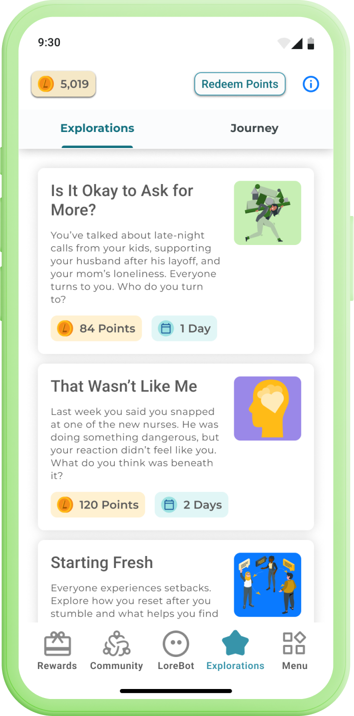 Lore app showing explorations feature