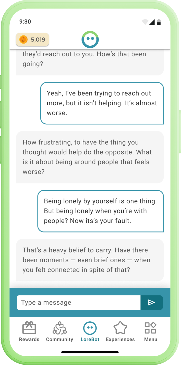 Lore app showing LoreBot chat feature